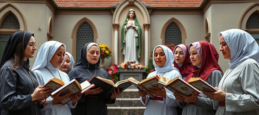 Grupa kobiet śpiewających tradycyjne pieśni maryjne w kurpiowskich strojach przed figurą Matki Bożej Niepokalanej na terenie dominikańskiej parafii na Służewie w Warszawie
