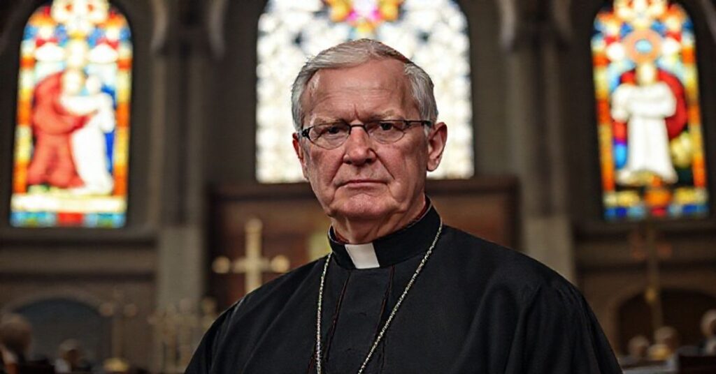 Portret "kardynała" Kurta Kocha przed modernistyczną katedrą z symbolami ekumenizmu