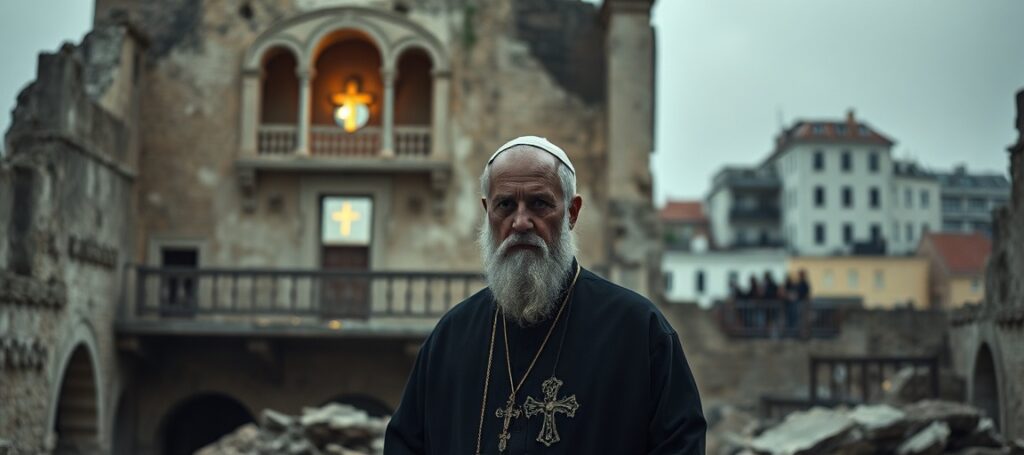 Ojciec Francesco Ielpo stoi w ruinach Aleppo z bladym oświetlonym balkonem na tle - obraz pozbawiony nadziei chrześcijańskiej.