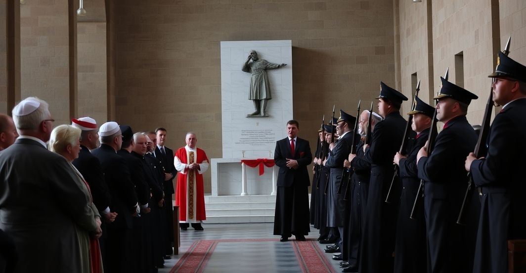 Tradycyjna katolicka scenografia przedstawiająca odsłonięcie kontrowersyjnego pomnika w Kwidzynie podczas liturgicznego wspomnienia Jana Pawła II, z udziałem władz świeckich, przedstawicieli IPN i modernistowskiego duchowieństwa.