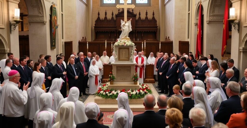 Ważna uroczystość katolicka z postoborowym duchownym, politykami i wiernymi wokół pomnika siostrzynek Benedyktynek, martyrek komunizmu, z kontrastem między tradycyjnymi i nowoczesnymi elementami liturgicznymi.