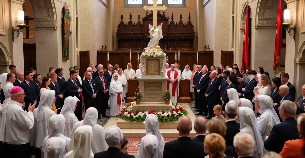 Ważna uroczystość katolicka z postoborowym duchownym, politykami i wiernymi wokół pomnika siostrzynek Benedyktynek, martyrek komunizmu, z kontrastem między tradycyjnymi i nowoczesnymi elementami liturgicznymi.