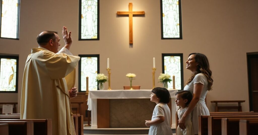 Kyle Boller podczas rzekomego bierzmowania w strukturach posoborowych; Carrie Prejean Boller i dzieci w tle