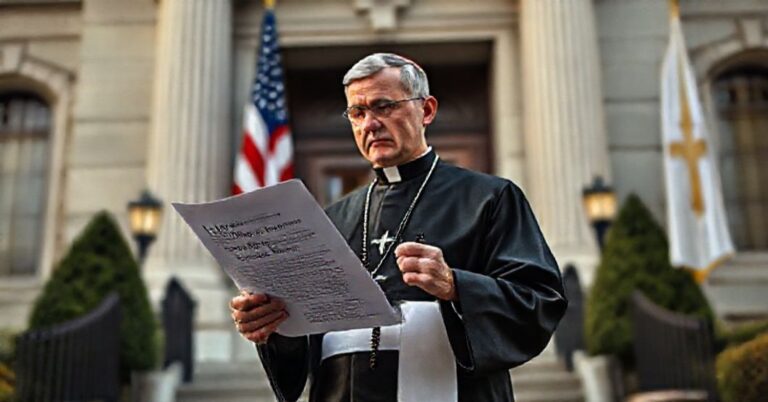 Katolicki ksiądz w tradycyjnym ornacie stoi przed budynkiem rządowym, trzymając różaniec i czytając dokument o programie wizowym dla pracowników religijnych.