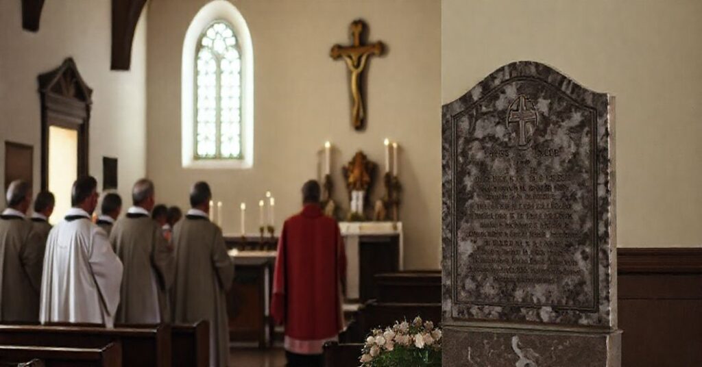 Tradycyjna katolicka msza święta w uroczyście zdobionym kościele z tablicą pamiątkową ku czci męczennika ks. Andrzeja Niwy na zewnątrz.