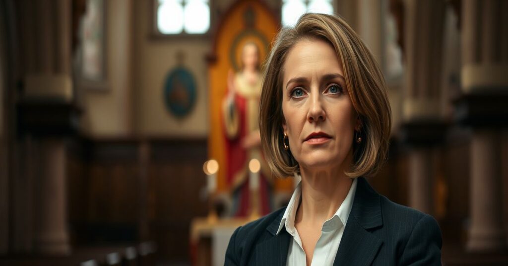 Portret Patrycji Michońskiej-Dynek w tradycyjnym katolickim otoczeniu, symbolizujący laicyzację komunikacji kościelnej.