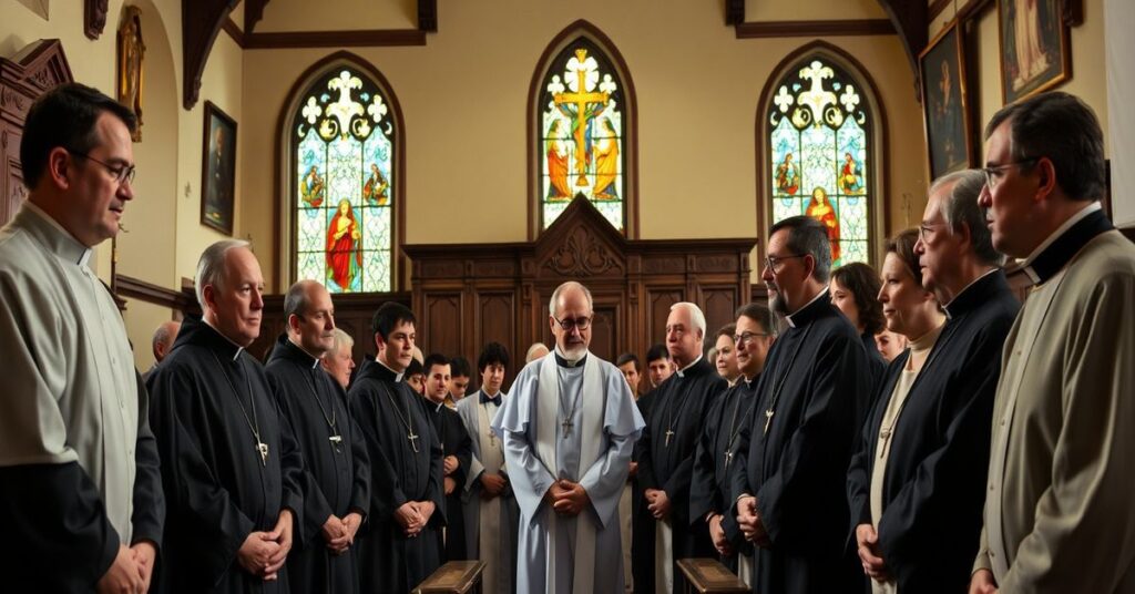 Seminarium kleryków w tradycyjnym kościółkowym otoczeniu z obecnością świeckich katechetów, w tym kobiet, wpływających na formację kapłańską.