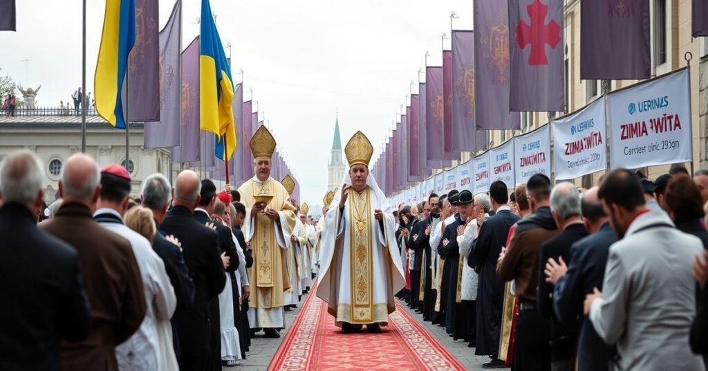 Tradycyjna katolicka procesja eucharystyczna z biskupami modlącymi się o pokój na Ukrainie i w Ziemi Świętej, bez akcentu na Chrystusa Króla.