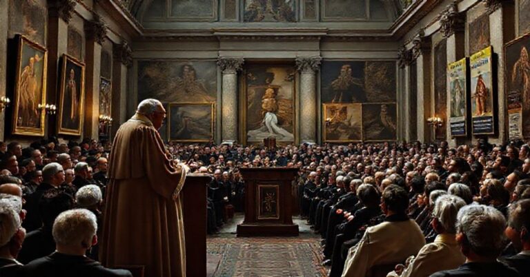 Poważna scena przedstawiająca Pałac Laterański w Rzymie podczas przemówienia "papieża" Leona XIV o współczesnych wyzwaniach dla wiary katolickiej. W tle widoczne są heretyckie symbole i kontrast z tradycyjną sztuką sakralną.