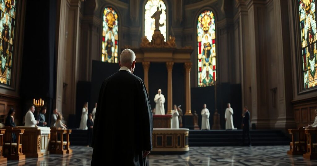 Wnętrze Laterańskiego Pałacu Apostolskiego w 2026 roku, podczas wydarzenia "Dnia Sztuki". Kontrast między świętym altarem a świeckimi instalacjami artystycznymi skupiającymi się na tematyce humanitarnej. Scena symbolizuje brak obecności Chrystusa w sztuce watykańskiej.