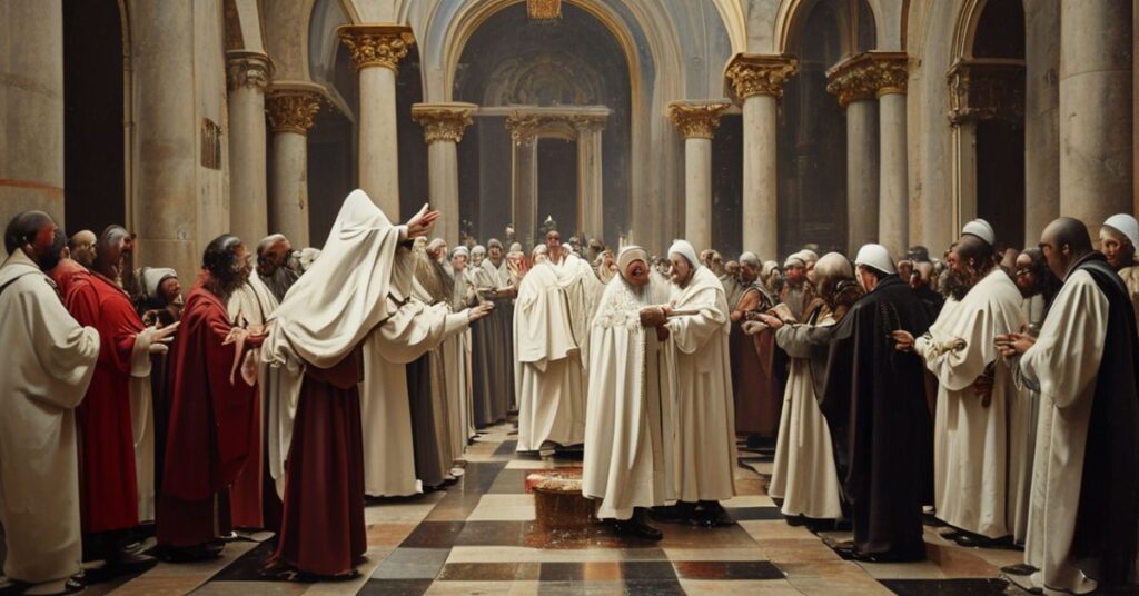 Scena w Bazylice św. Jana na Lateranie przedstawiająca fałszywego papieża Leona XIV podczas nowomodernistycznej ceremonii obmycia stóp w Wielki Czwartek