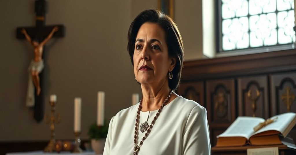 Obraz przedstawia Laurę Virginię Fernández Delgado, nową prezydent Kostaryki, w tradycyjnym katolickim otoczeniu. Scena podkreśla napięcie między jej polityką a nauczaniem Kościoła na temat życia.