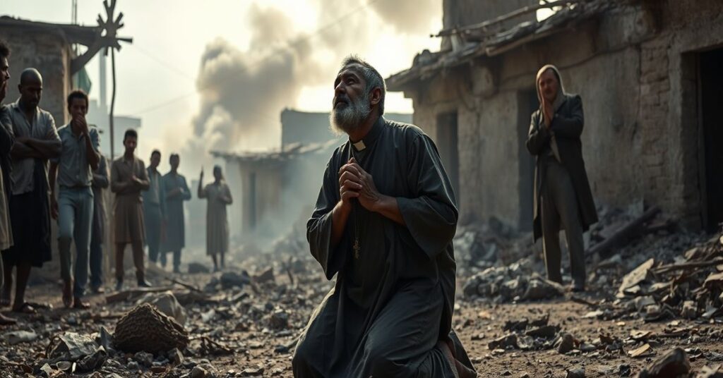 Przerażeni chrześcijanie w libańskiej wiosce modlący się z kapłanem w tradycyjnym habicie przed ruiny domów.