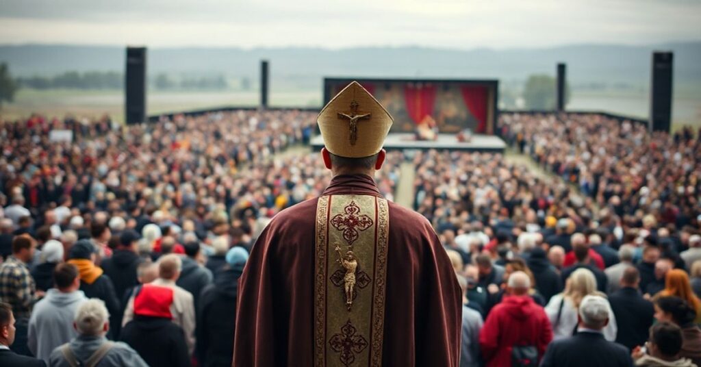 Tradycyjny kapłan katolicki w szatach liturgicznych stoi przed zgromadzeniem na Polach Lednickich, trzymając krucyfiks, podczas gdy elementy modernistyczne podważają autentyczność katolickiej wiary.