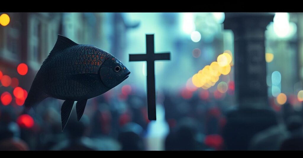 Zdjęcie przedstawiające niekatolicki symbol 'Bramy Ryby' na Lednicy 2000 z tłem ekumenicznych zgromadzeń.