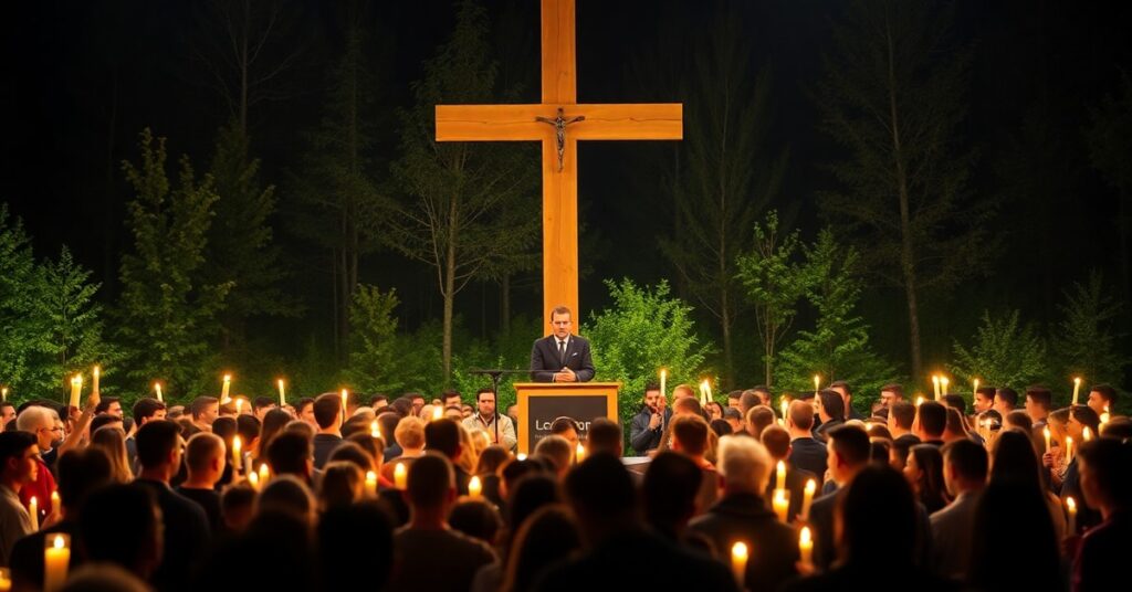 Zgromadzenie młodych ludzi na Lednicy 2000 z o. Tomaszem Nowakiem przy dużej drewnianej krzyżu bez obrazu Chrystusa Króla