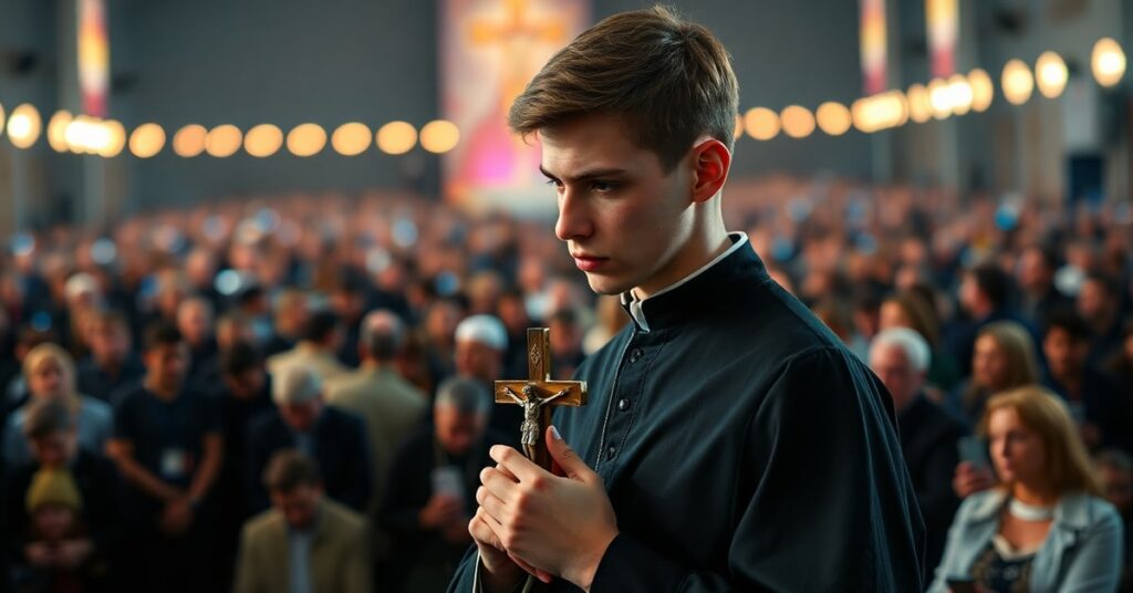 Młody katechumen w tradycyjnym stroju stojący przed tłumem podczas Lednicy 2026, z rozmytą postacią uzurpatora Leona XIV na tle. W tle widać cyfrowe rozproszenia i nowoczesne elementy, które kontrastują z głębokim skupieniem młodzieńca.