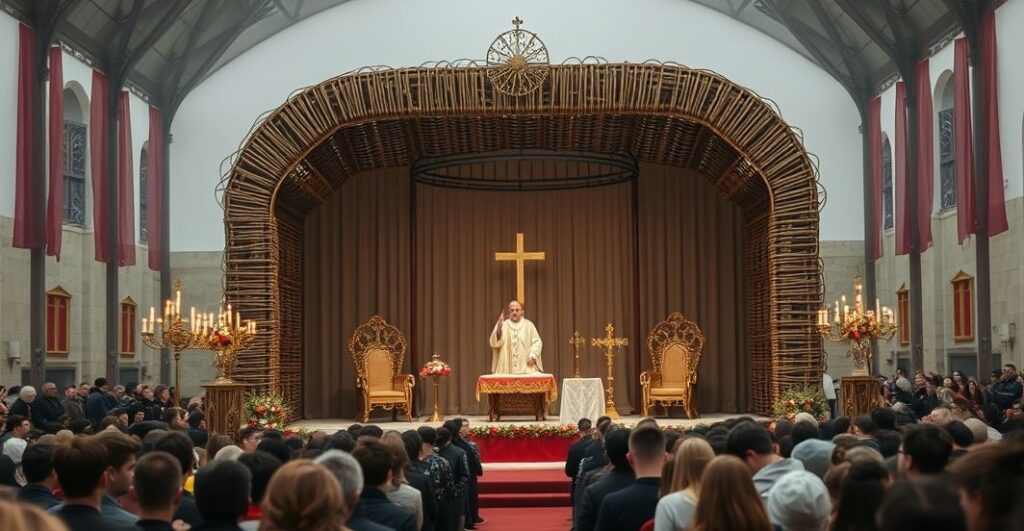 Uroczystość religijna na Polach Lednickich z wiklinowymi tronami i scenografią, symbolizującą synkretyzm i brakująca głęboka duchowość