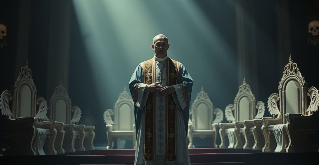 Tradycyjny kapłan katolicki stojący przy ołtarzu, otoczony wiklinowymi tronami i skrzyłami, symbolizujący apostazję Lednicy w kontekście modernistycznego kultu człowieka.