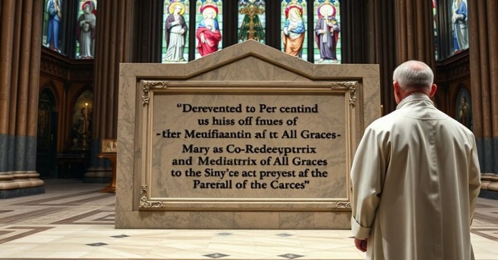 Pozornie pobożny lefebrystowski kapłan stoi przed marmurową tablicą poświęconą Najświętszej Maryi Pannie jako Współodkupicielce i Pośredniczce Wszystkich Łask.