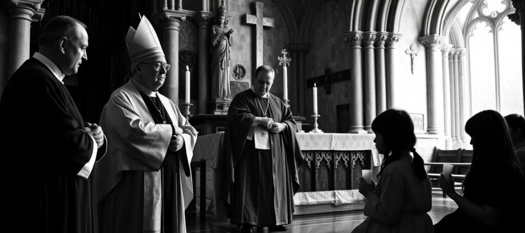 Arcybiskup Marcel Lefebvre dokonujący nielegalnych konsekracji biskupów w Écône w 1988 roku. Młoda tradycjonalistyczna rodzina modli się na deszczu przed kaplicą.