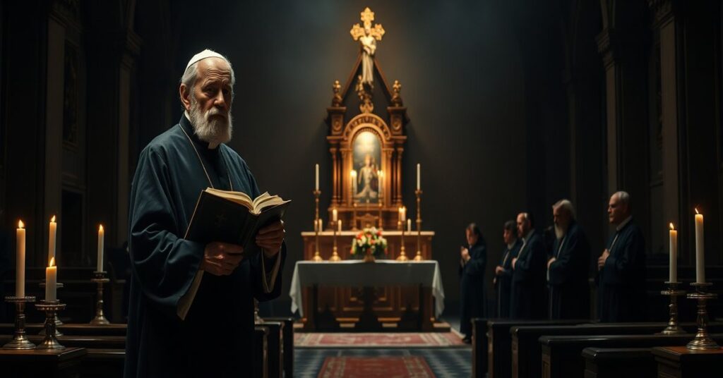 Scena przedstawiająca konflikt między Bractwem św. Piusa X a modernistycznym Watykanem w tradycyjnym kościele katolickim.