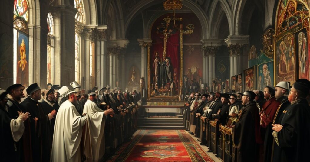 Tradycyjna katolicka legacja przedstawiająca Leona XIV podczas przemowy w Watykanie, symbolizująca apostazję dyplomacji posoborowej.