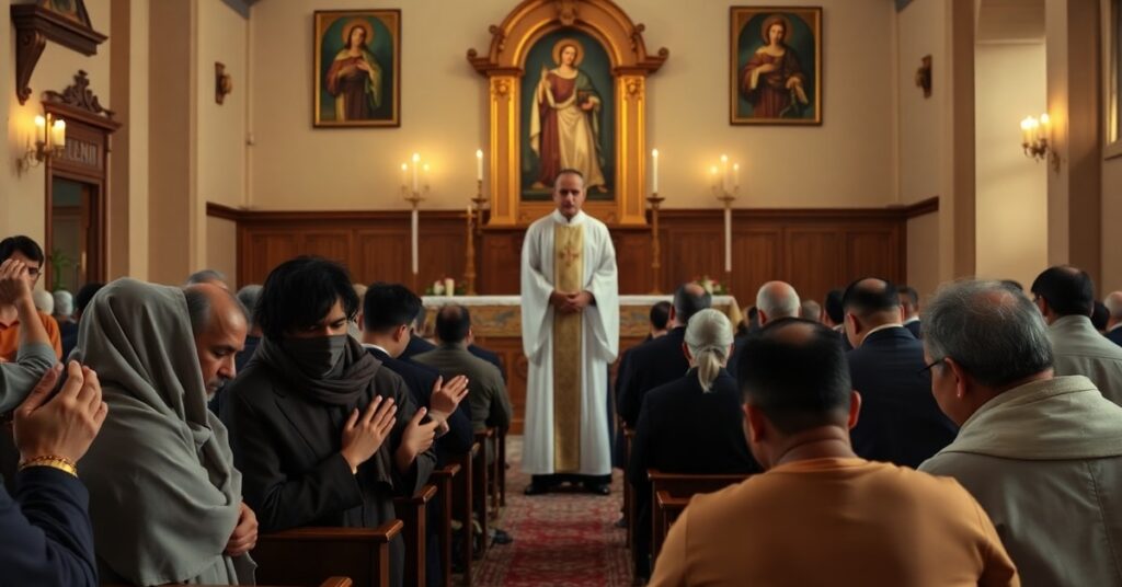 Wnętrze tradycyjnego kościoła egipskiego z wiernymi i księdzem w rękach modlącymi się przed ołtarzem. Scena symbolizuje zarówno wolność religijną jak i trudności chrześcijan w Egipcie.