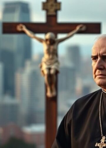 Lęk przed duchową pustką nowoczesnego świata Mężczyzna w tradycyjnym stroju katolickim stoi w modlitwie przed krzyżem z widokiem na zmodernizowane miasto w tle