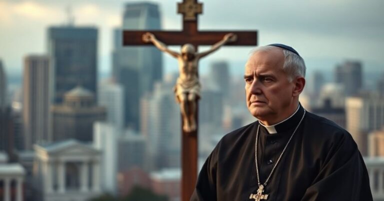 Mężczyzna w tradycyjnym stroju katolickim stoi w modlitwie przed krzyżem z widokiem na zmodernizowane miasto w tle