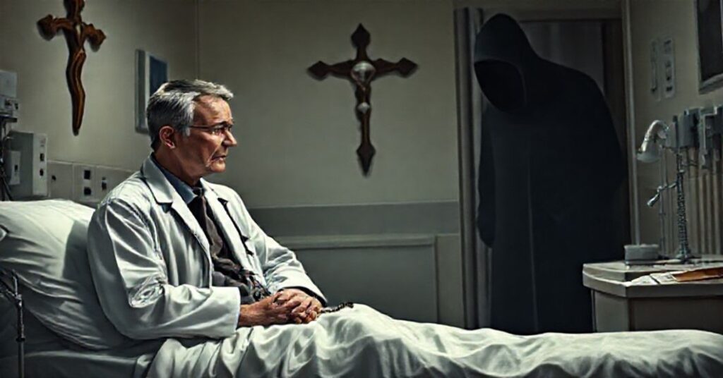 Scena w szpitalnym pokoju z lekarzem w białym fartuchu i pacjentem trzymającym różaniec, z cieniem rządu kanadyjskiego w tle.