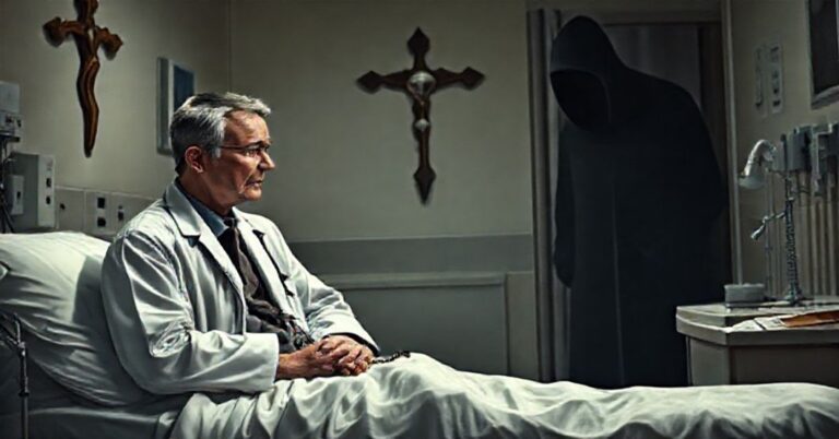 Scena w szpitalnym pokoju z lekarzem w białym fartuchu i pacjentem trzymającym różaniec, z cieniem rządu kanadyjskiego w tle.