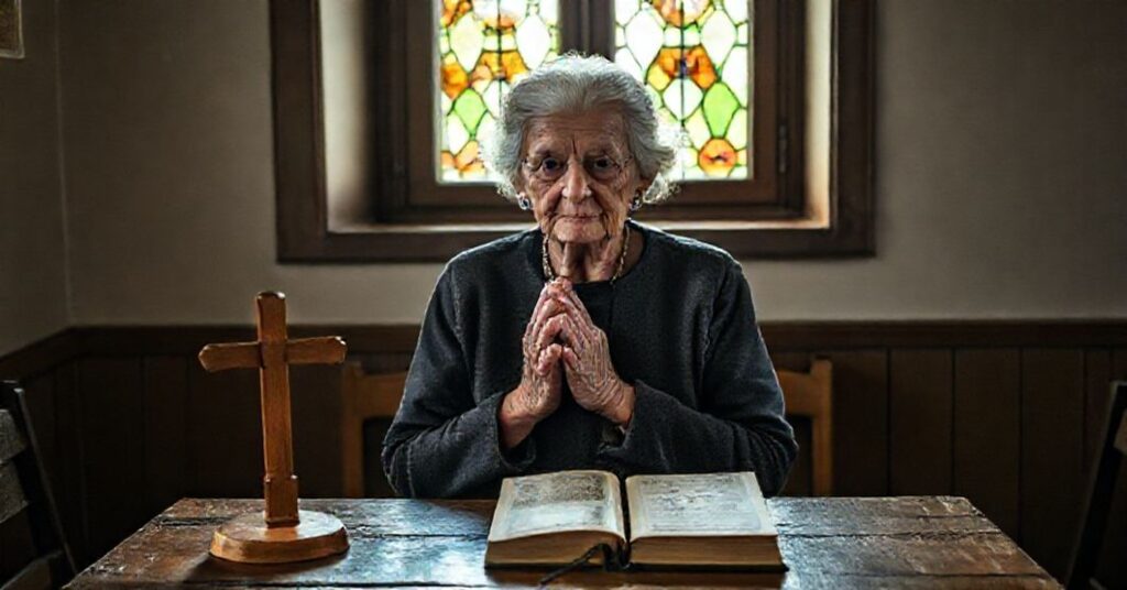 Portret Leokadii Wieczorek - Wrocławianki Roku - w tradycyjnym katolickim wnętrzu z krzyżem i czasopismem 'Rycerz Niepokalanej', symbolizującym wiarę i cierpienia wojenne