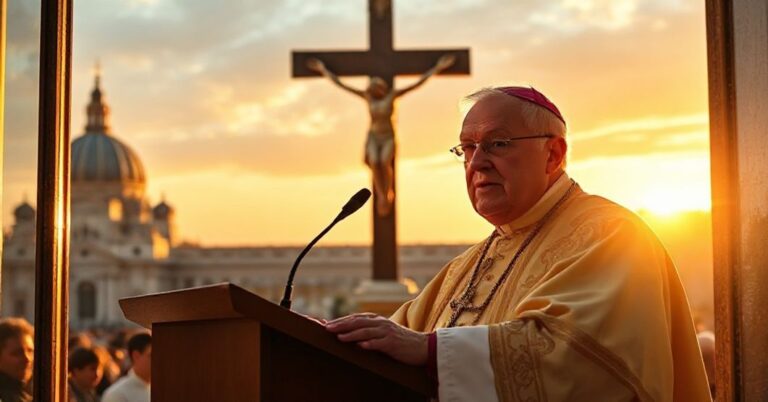 Leon Prevost w papieskich szatach stoi przy oknie na Placu Świętego Piotra, przemawiając do tłumów wiernych na tle wielkiego krzyża.