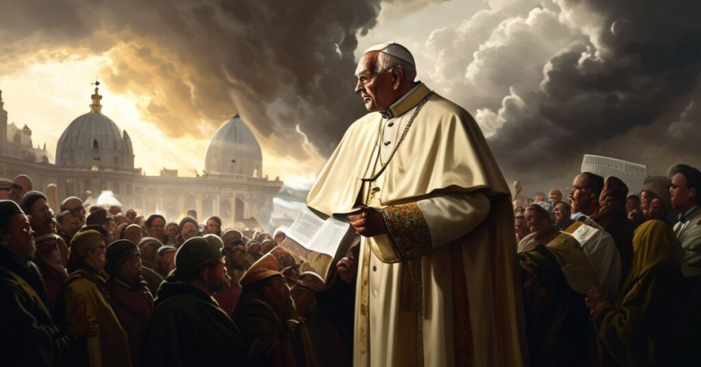 Papież Leon XIII z encykliką "Satis Cognitum" w placu św. Piotra, symbolizujący wierność nauczaniu Kościoła wobec współczesnego ekumenizmu.