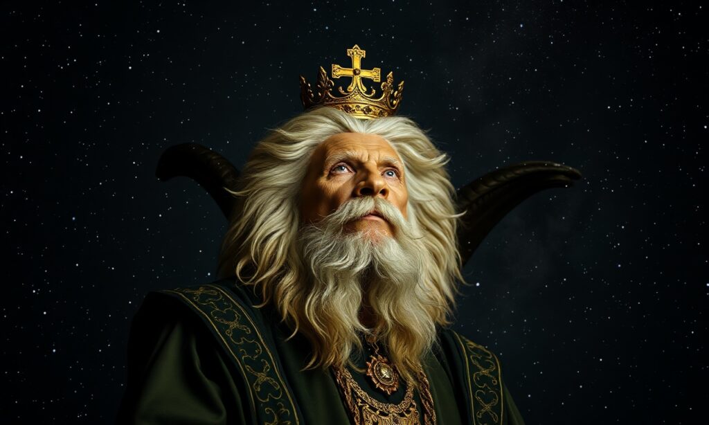 Portret Leona XIII przed teleskopem Watykańskiego Obserwatorium Astronomicznego na tle nocnego nieba z asteroidami.