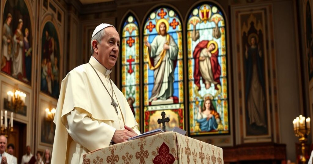 Obraz przedstawiający "papieża" Leona XIV podczas przemówienia do Akademii Życia w Watykanie. Tło ukazuje tradycyjne wnętrze z freskami świętych i witrażem Chrystusa Króla.