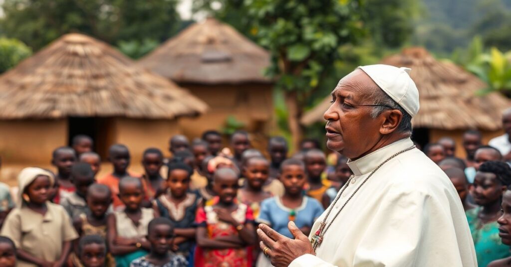 Obraz przedstawiający Leona XIV podczas pielgrzymki do Afryki, mówiącego do tłumu wioski o sprawiedliwości społecznej i prawach człowieka.