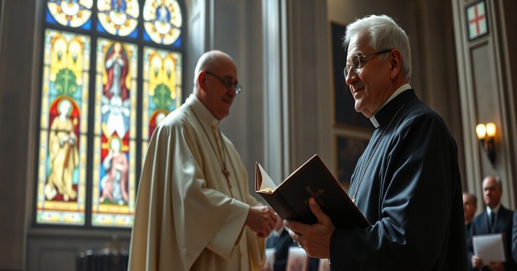 Obraz przedstawiający fałszywe ekumeniczne spotkanie "papieża" Leona XIV z anglikańskim biskupem, podczas gdy tradycyjny katolicki kapłan wygląda z niepokojem.