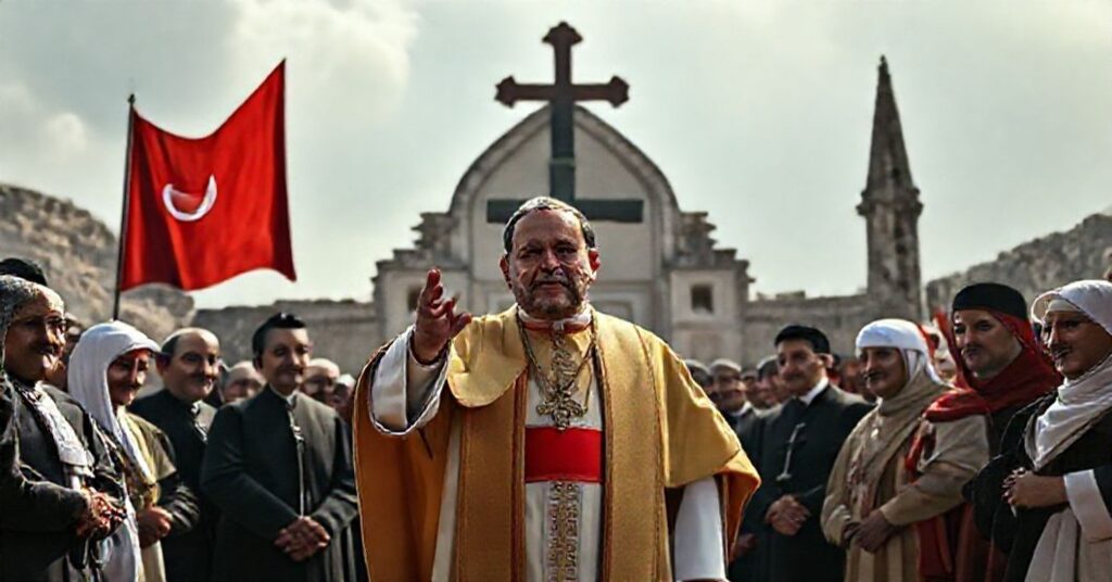 Obraz przedstawiający apostazję uzurpatora Bergoglio ("Leon XIV") w Ankarze w 2025 r., gdzie relativizuje jedyność Kościoła katolickiego