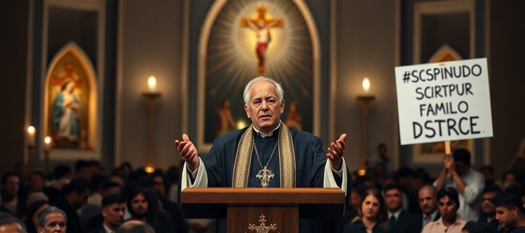 Obraz przedstawiający fałszywego papieża Leon XIV podczas przemówienia w Aparecidzie, Brazylia. Scena ukazuje nowoczesną świątynię z modernistycznymi elementami i słabym oświetleniem.