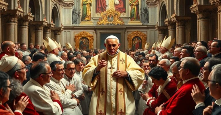 Scena krytykująca fałszywe nauki 'Papieża' Leona XIV na audiencji jubileuszowej, ukazująca jego modernistyczną apostazję i odchylenie od katolickiej doktryny.