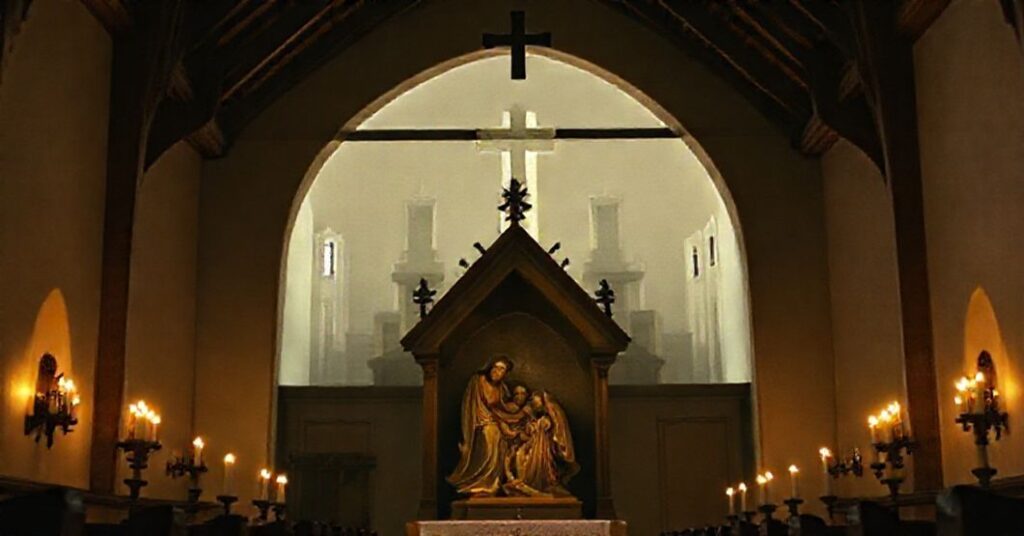 Tradycyjny wnętrze kościoła z rzeźbą Świętej Rodziny pod prostym drewnianym namiotem w atmosferze pokuty i modlitwy