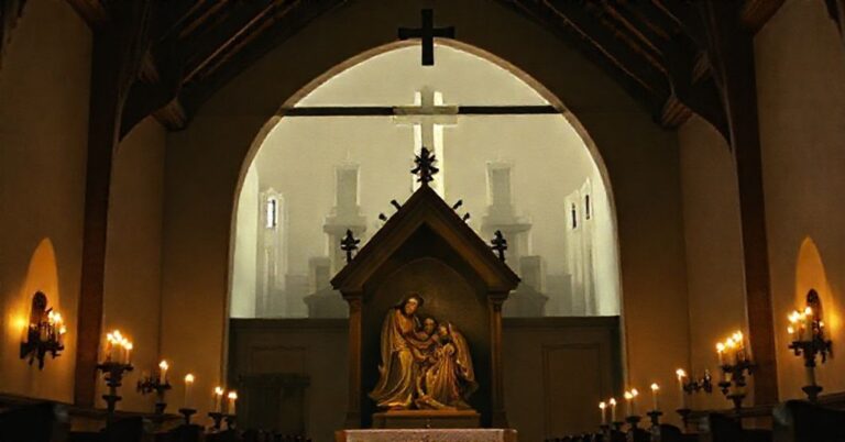 Tradycyjny wnętrze kościoła z rzeźbą Świętej Rodziny pod prostym drewnianym namiotem w atmosferze pokuty i modlitwy