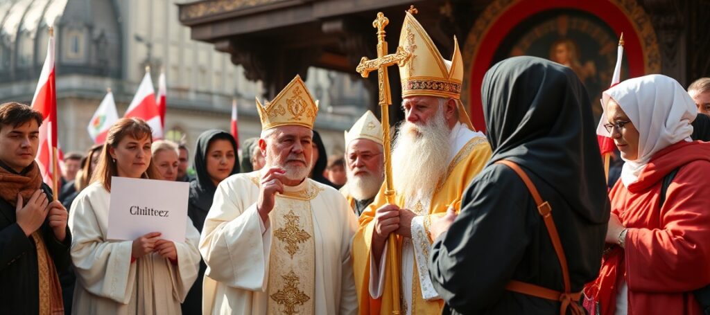 Portret uzurpatora Leona XIV przed Watykanem z symbolami apostazji posoborowej