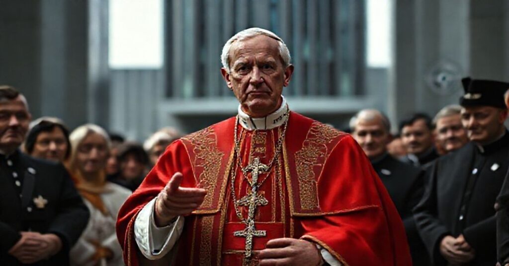 Portret uzurpatora Leona XIV w szatach papieskich przed modernistycznym tłem ze zwolennikami ekumenizmu i politykami