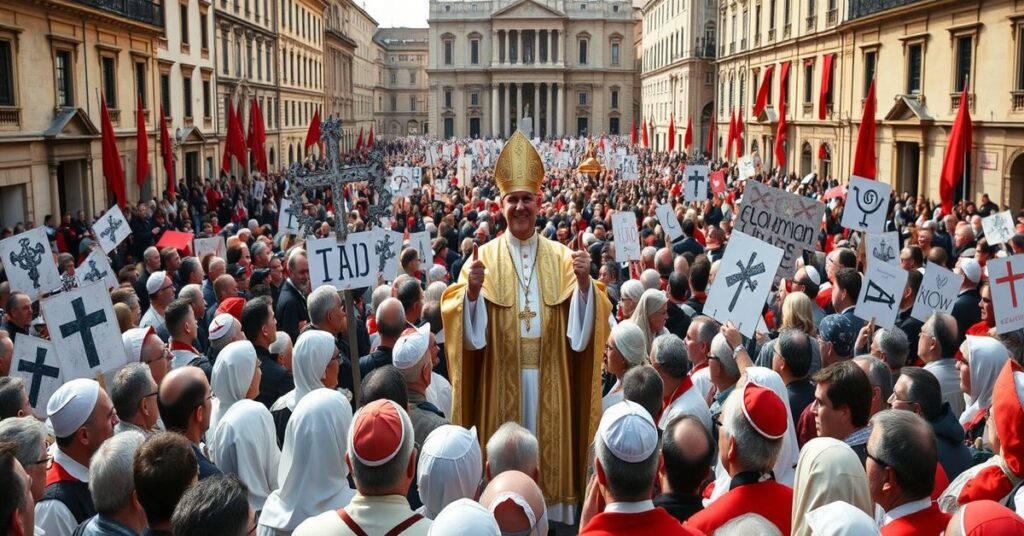 Zdjęcie przedstawiające rzekome wizyty papieskie Leona XIV, z akcentem na herezje i sektyzm nowego Kościoła
