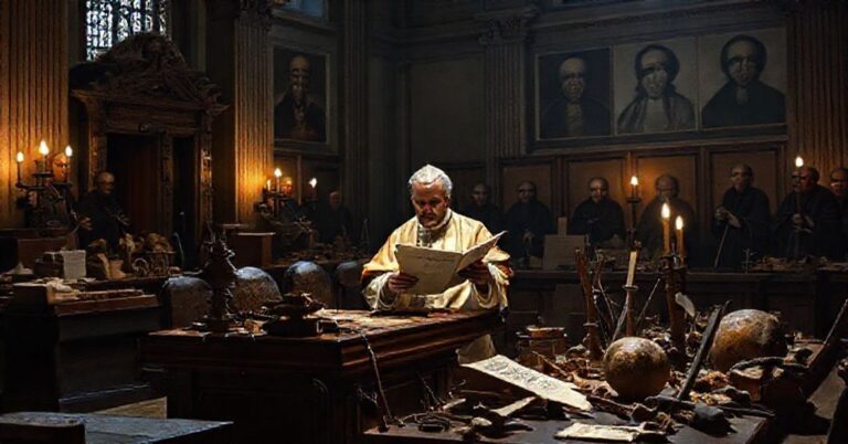 Leon XIV w Watykanie czytający kontrowersyjny list o archeologii chrześcijańskiej, symbolizujący neo-modernistyczne odchylenia od tradycyjnej wiary katolickiej.