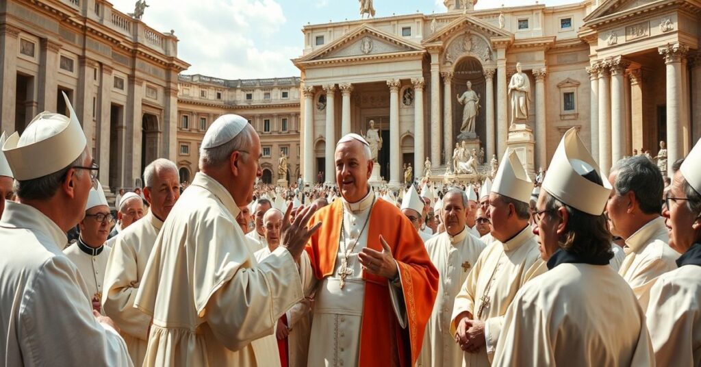 Ojciec Święty Leon XIV podczas audiencji w 2026 roku, otoczony duchowieństwem modernistycznym na Placu Świętego Piotra.