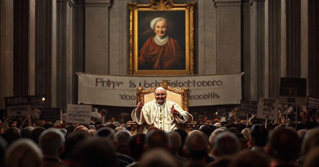 Wizerunek rzekomego papieża Leona XIV podczas audiencji jubileuszowej w Bazylice Świętego Piotra w Watykanie.